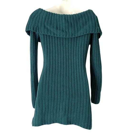 Bebe Cable-Knit Tunic Top Sweater Y2K Off-The-Shoulder Long Sleeves Teal Medium - Picture 2 of 13